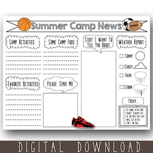 Papelaria para acampamento esportivo para impressão, Papelaria para acampamento esportivo de verão para impressão, Papelaria para acampamento faça você mesmo para download digital de esportes