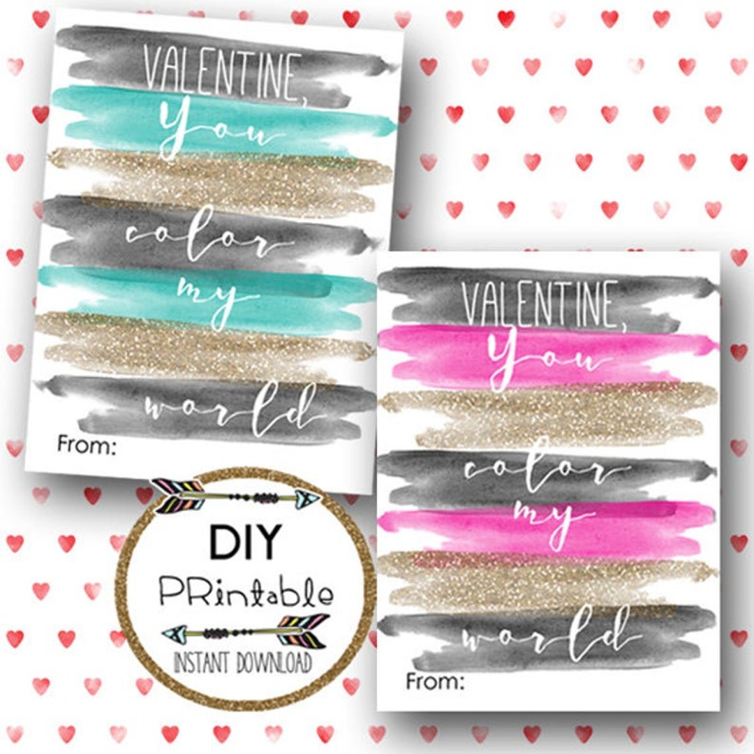 Girly Valentines Printable, You Color My World Valentine, Digital ...