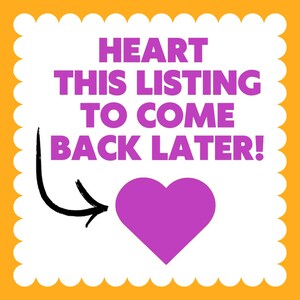 May include: A square graphic with a scalloped white border on an orange background. The text in purple reads HEART THIS LISTING TO COME BACK LATER! A black hand-drawn arrow points from the left side toward a solid purple heart icon below the text.