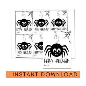 Printable Halloween Cards for Kids, Print Your Own Halloween Classroom Cards, Printable Black and White Spider Halloween Tags Treats Favors