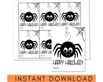 May include: A sheet of printable rectangular cards featuring a black spider with large white eyes and a small web hanging from a line. Each card includes the text HAPPY HALLOWEEN and a From line for personalization, presented in black and white.