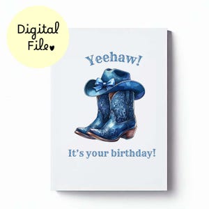Cartão de aniversário de cowgirl para imprimir, cartão digital de aniversário de cowgirl ocidental, cartão de aniversário com botas de cowboy para baixar, cartão de aniversário de última hora em PDF
