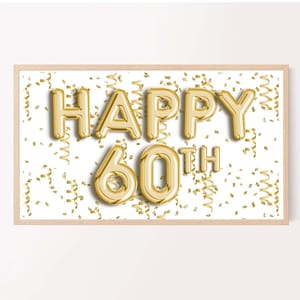Pode incluir: Balões de folha de ouro que soletram "Happy 60th" com confete dourado em um fundo branco.