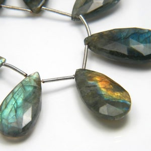Natural Fiery Labradorite Large Faceted Elongated Pear Pendants, Top-Side-Drilled, Vivid Green, Blue & Gold Flashes Both Sides, 22mm to 28mm