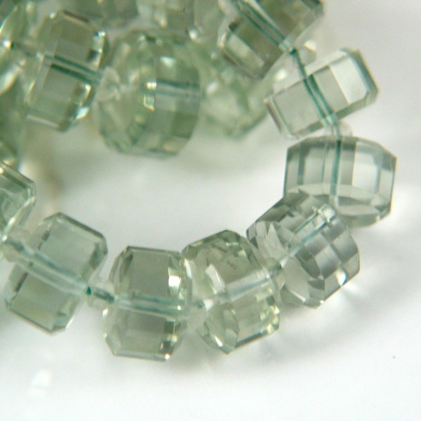 Genuine Green Amethyst Step Cut Fancy Rondelle Beads Drum Shape Beads Prasiolite Green Large Rondelle, February Birthstone, Half Strand 10mm