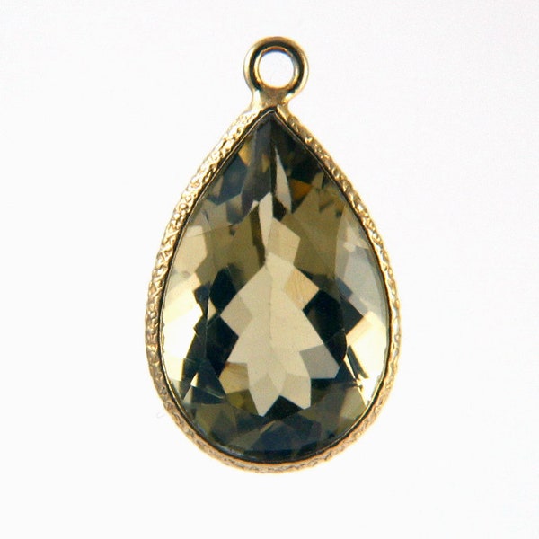 AAA Olive Quartz Brilliant Pear Pendant Bezel Set in Textured Gold Vermeil w/Bail Genuine Stone Briolette, Concave Cut Gemstone, 19x11mm