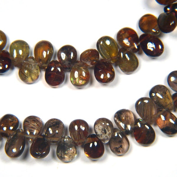 Natural Andalusite Smooth Pear Top Drilled Briolette Beads, High Luster with Fall Colors, Transparent Genuine Gemstones, 11pcs, 6-7.4mm