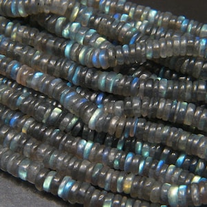 Natural Fiery Labradorite Smooth Disc Rondelles Beads, Quality Genuine Gem, Blue Green and Gold Flashes, Heishi, Wheels, 16" Full Strand 7mm