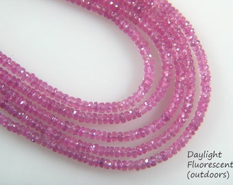 Premium Pink Sapphire Rondelle Faceted Beads, Genuine Gemstones, Transparent Sapphires, September Birthstone, Half 7" Full Strand 14" - 4mm