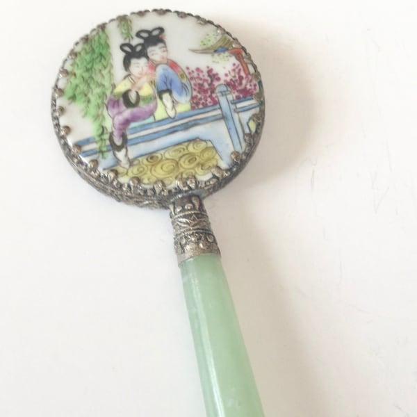 Small Vintage Chinese export jade hand mirror painted porcelain with celadon jade handle 5 inches