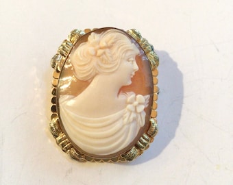 Antique Victorian cameo brooch carved Greek goddess shell cameo in gold filled setting Victorian or Downton Abby style