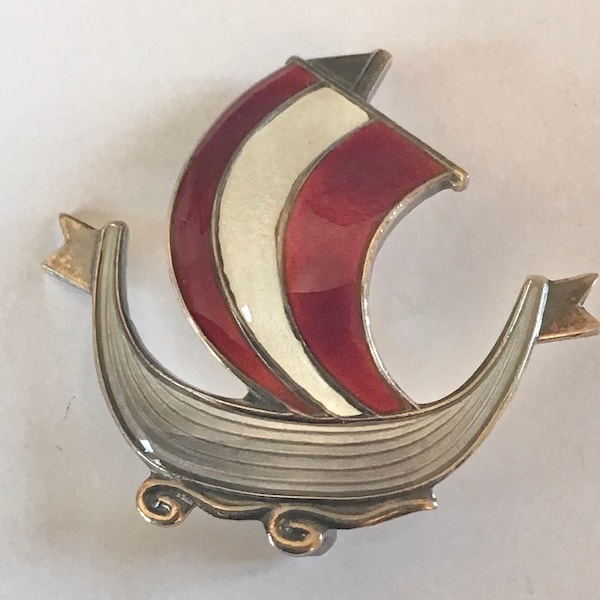 1950’s Aksel Holmsen Scandinavian brooch Viking sailboat enameled sterling silver Scandinavian modernist jewelry designer
