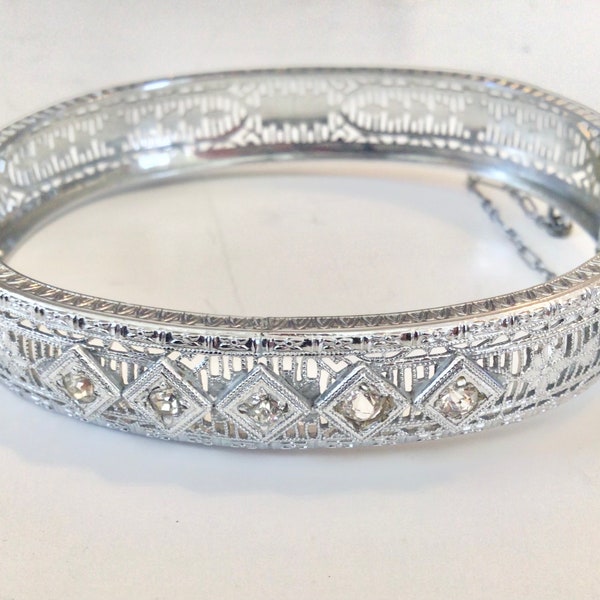 Antique Art Deco rhodium filagree bangle bracelet hinged bangle with rhinestones & safety chain