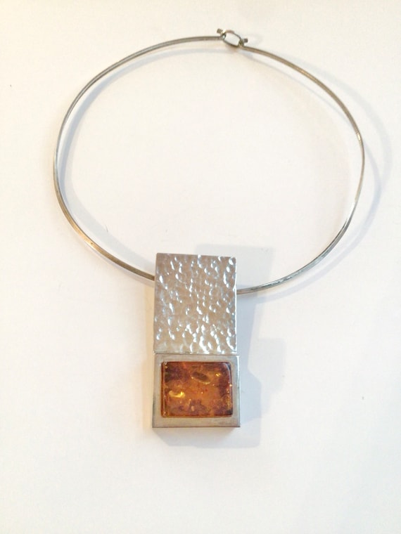 huge handmade silver amber pendant collar necklace