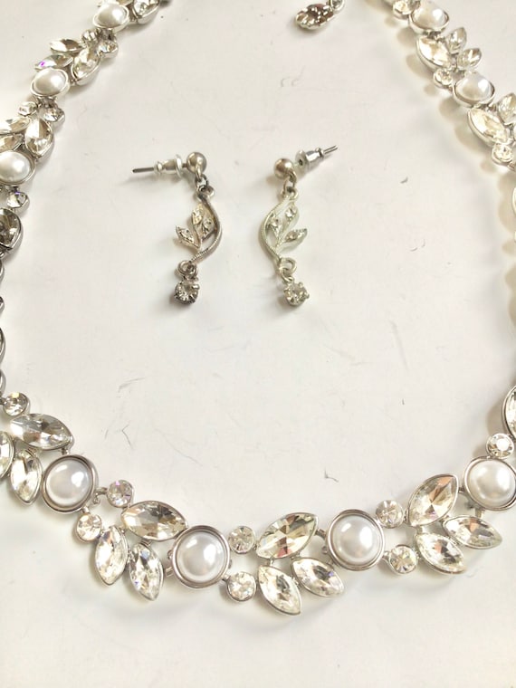 Vintage crystal pearl wedding princess necklace e… - image 1