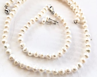 genuine White pearl necklace bracelet earrings set 5mm pearls white wedding jewelry