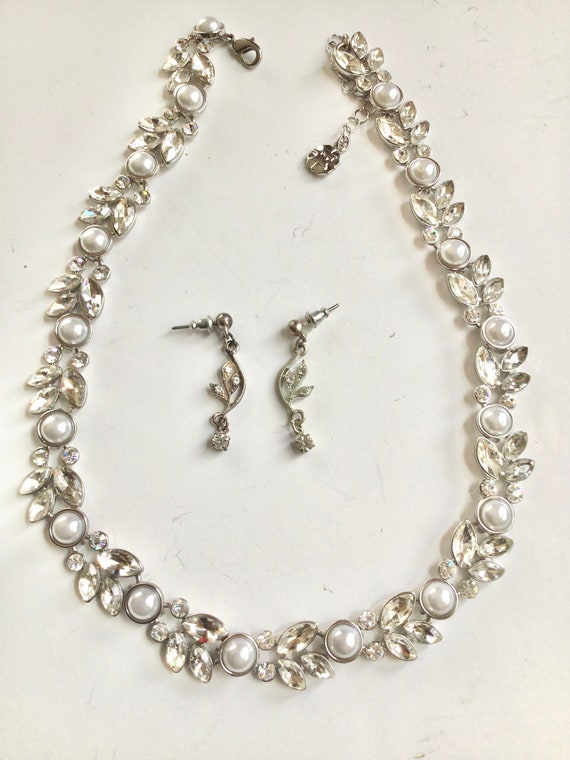 Vintage crystal pearl wedding princess necklace e… - image 5