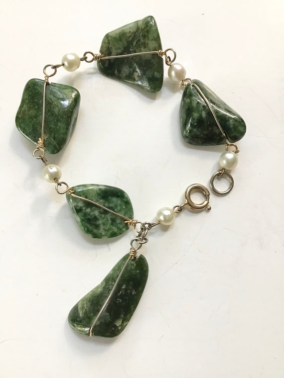 Vintage chunky green nephrite jade real pearl brac