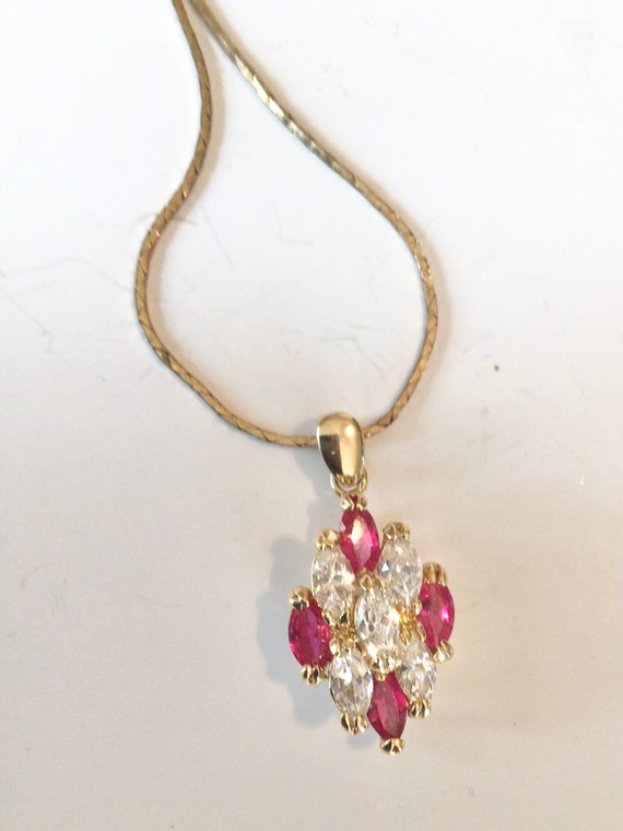 simulated diamond & ruby necklace 14k gold vermei… - image 3