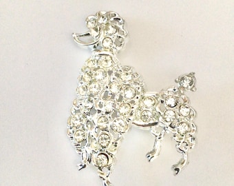 1950’s rhinestone poodle brooch sparkling white rhinestones silver tone metal