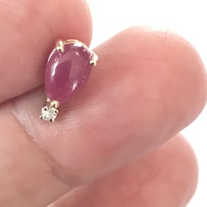 Single 14k Gold Ruby Diamond Stud Earring: teardrop ruby