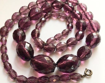 Victorian long amethyst Czech glass bead necklace graduated faceted purple glass bead necklace 15mm- 5mm beads 26 inches long