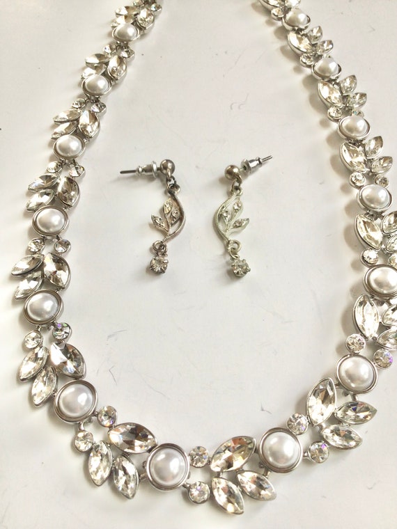 Vintage crystal pearl wedding princess necklace e… - image 3