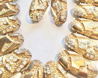 Vintage 1980’s fashion jewelry chunky statement necklace & clip on earrings set rhinestone studded gold tone metal links