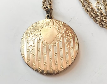 Art Deco Gold Filled Locket Necklace: Engraved Keepsake Photo Pendant