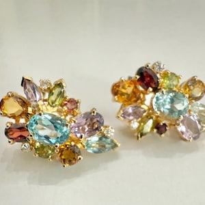 May include: A pair of gold earrings featuring a cluster of multi-colored gemstones including oval-cut blue topaz, round citrine, deep red garnet, light purple amethyst, and green peridot, accented with small clear white stones in a floral arrangement.