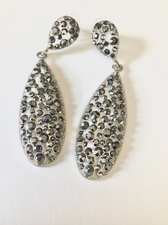 Black Crystal Dangle Earrings: Silver Tone Statem… - image 1
