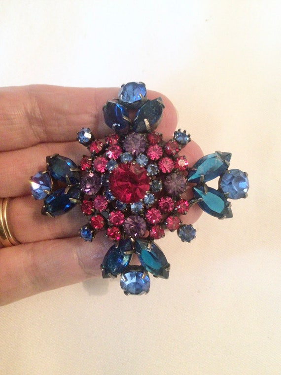 Vintage Colorful costume jewelry brooch jeweled M… - image 1