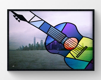 Geometric Guitar Poster, NYC Skyline Film Photography Wall Art, Music Lover Gift, Guitarist Studio Decor, Modern Music Print