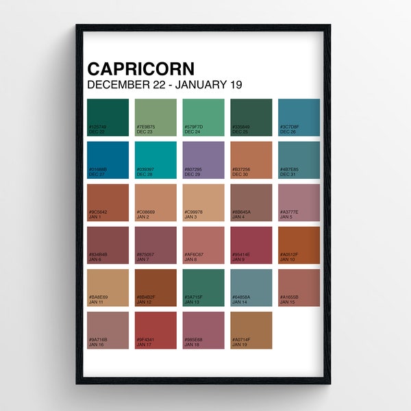 Capricorn Pantone Colors Birthday Chart | DIGITAL DOWNLOAD Wall Art | Astrology & Zodiac Sign Poster