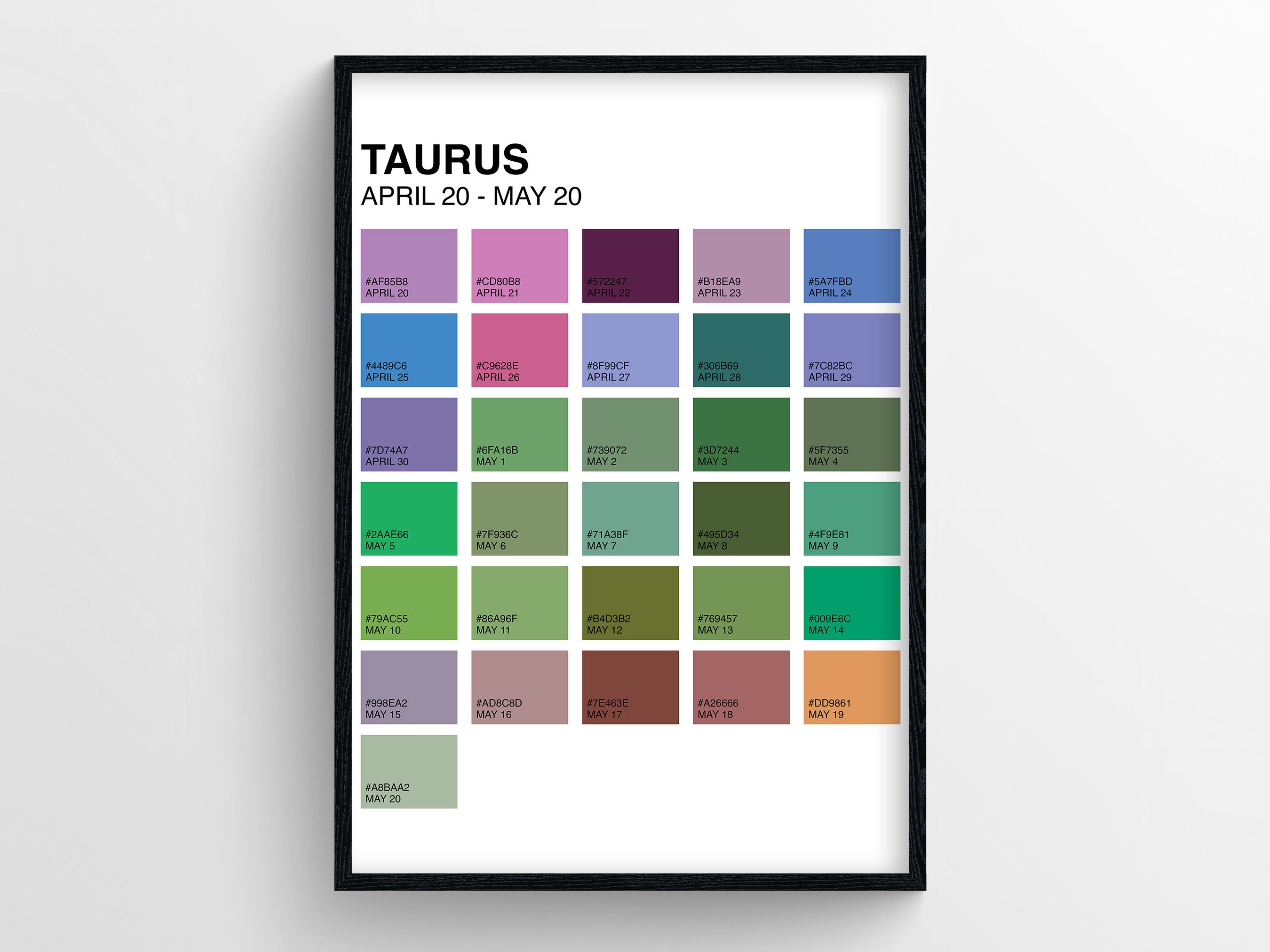 Taurus Pantone Colors Birthday Chart DIGITAL DOWNLOAD Wall Art ...