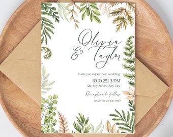 Fern Wedding Invitation Template, Printable Wedding Invitation, Wedding Invitation, Fern Wildflower Invitation, Greenery Wreath, Fern Wreath