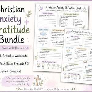 May include: A bundle of two printable worksheets with the text "Christian Anxiety + Gratitude Bundle". The worksheets are designed for prayer, peace, and reflection. The design includes floral and heart accents, with the text "Instant Download".