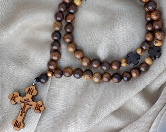 Aromatic Rosewood or Authentic Holy Land Olive Wood Chotki with Canadian Cherry Orthodox Cross and Buri Seeds Christian Komboskini Rope