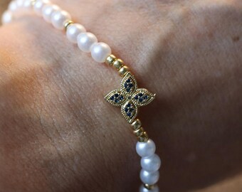 Newborn Baby Pearl Bracelet with Zirconia Cross 33 Beads Orthodox Christian Catholic