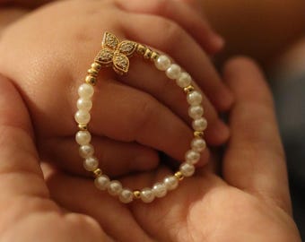Newborn Baby Pearl Bracelet with Zirconia Cross 33 Beads Orthodox Christian Catholic