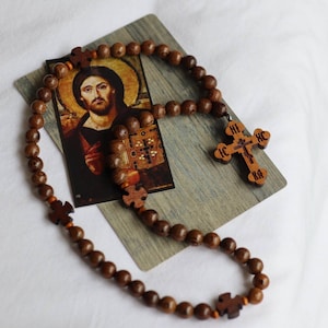 Waterproof Wooden Chotki Prayer Beads with Canadian Cherry Wood Orthodox IC XC NIKA Cross Komboskini Rope Christian Lord Have Mercy