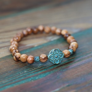 33 Bead Aromatherapy White Cedar or Olive Wood Patina Beaded Chotki Prayer Bracelet + African Turquoise Cross Christian Gift Beads Baptism