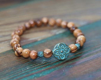 Olive Wood Prayer Bracelet: Turquoise Accent, Patina Charm, Christian Gift