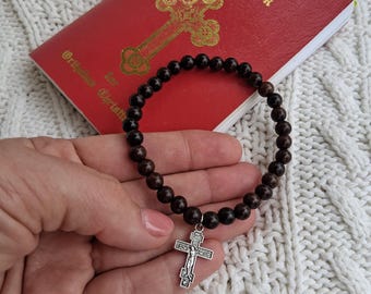African Blackwood Prayer Bracelet with Orthodox Christian Cross Charm