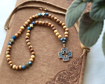 Olive Wood Prayer Beads: Greek Patina Cross, Sea Sediment Jasper