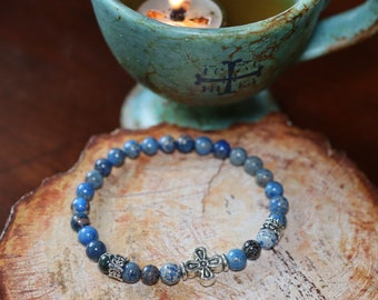 Sea Sediment Jasper Prayer Bead Bracelet, Silver Cross Accent
