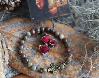 Rustic Agate Chotki Prayer Bead Bracelet with Bronze or Silver Cross Orthodox Christian Brojanica Jesus Hesychastic Byzantine Jewelry Gift
