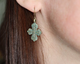 Patina Filigree Cross Earrings, Bronze Christian Jewelry