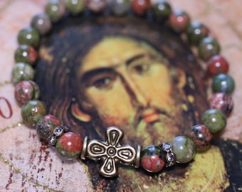 Unakite Chotki Prayer Bead Bracelet with a Rustic Bronze Cross and Zirconia Accents Orthodox Christian Brojanica Jesus Prayer Beads Gift