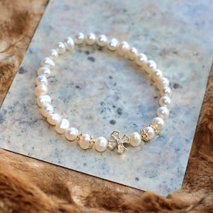 Cultured Pearl Cross Bracelet: 14k Gold Plated Charm, Christian Gift